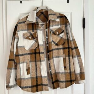 Plaid Button-Up Shacket in Brown and Cream size M